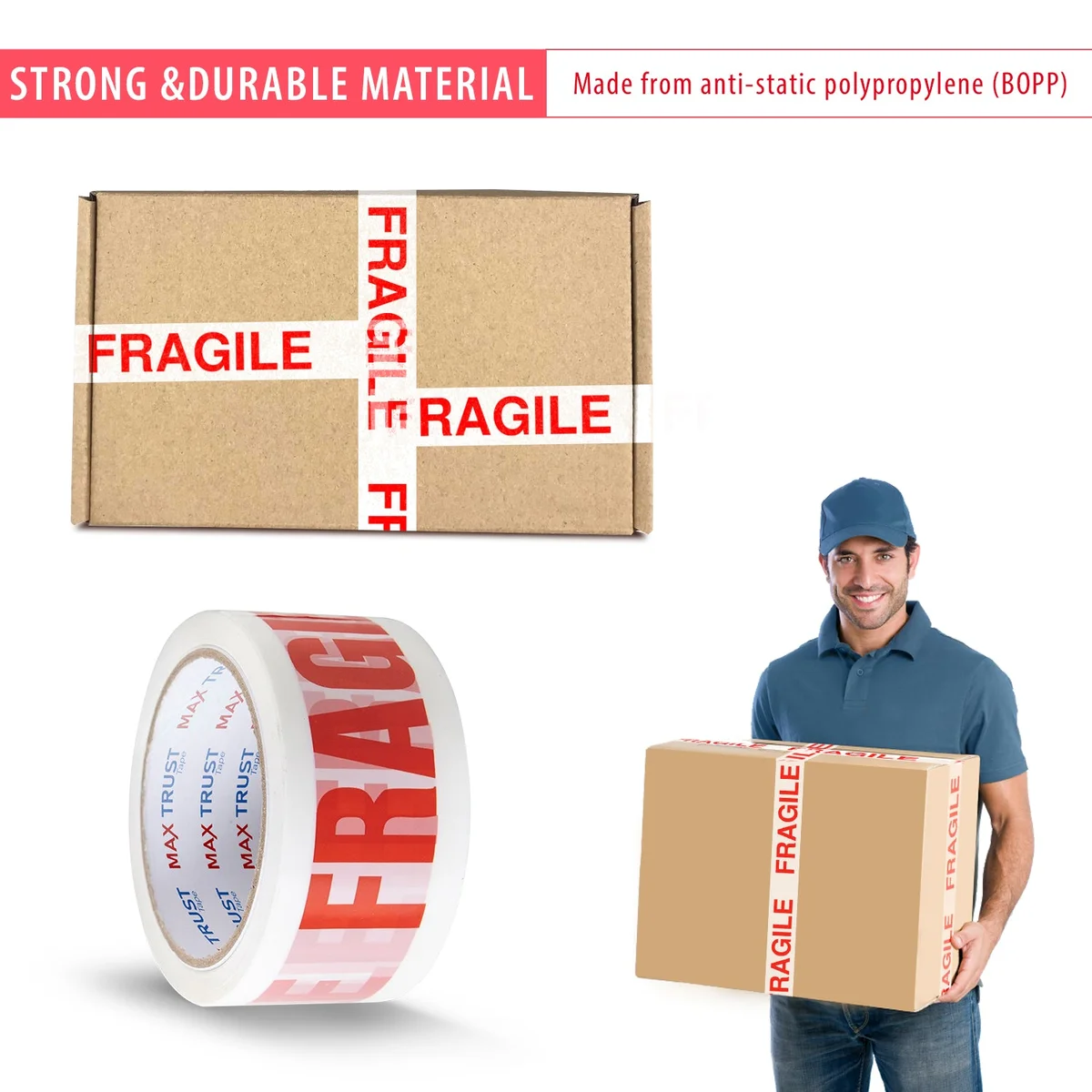 Red and white fragile printed polypropylene tape rolls stacked, showing strong self-adhesive packaging tape for cartons
