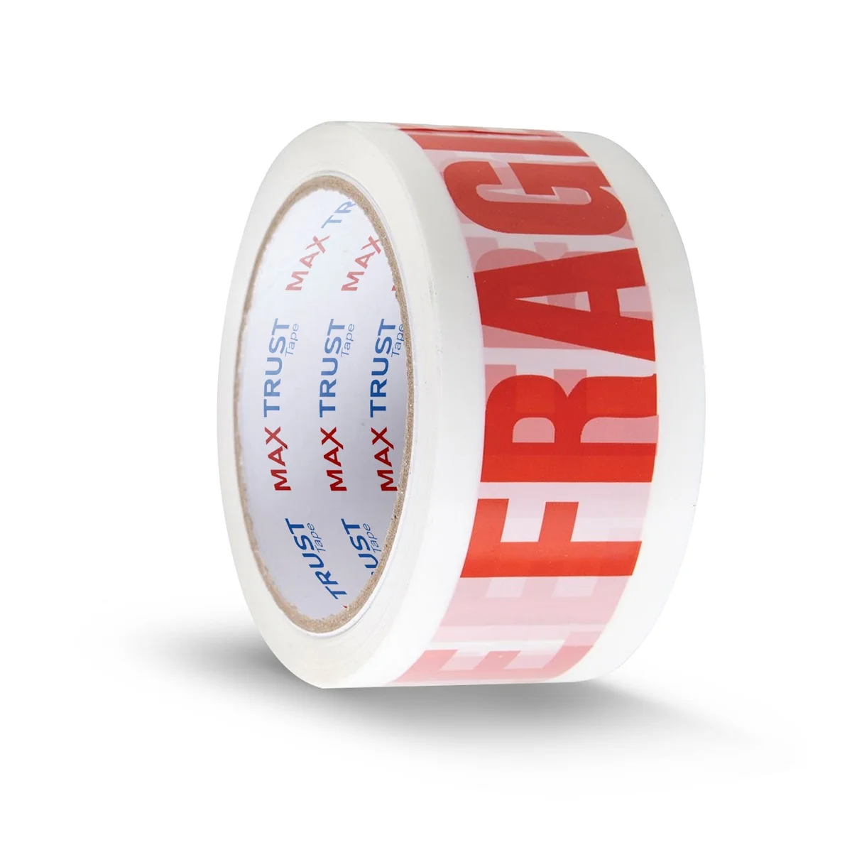 Roll of white and red fragile packaging tape with self-adhesive, heavy-duty printed design on a plain background