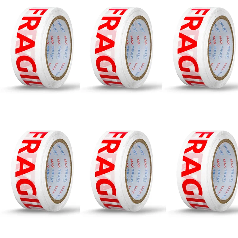Roll of white and red fragile packaging tape with printed text, designed for sealing cartons and heavy boxes securely