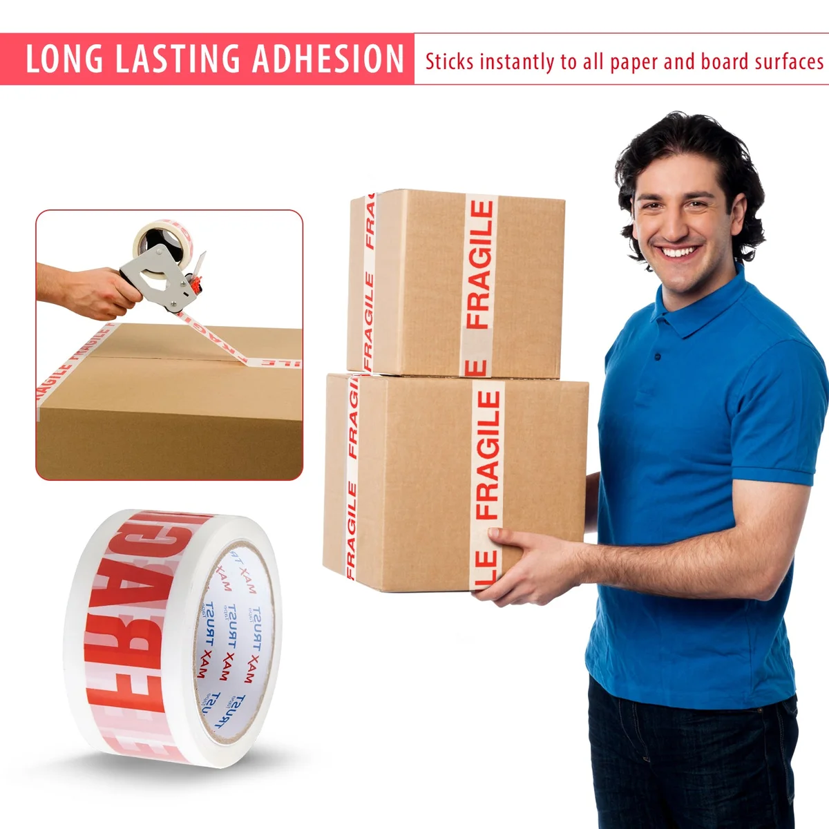 Roll of white and red fragile packaging tape with printed text, ideal for sealing cartons and heavy-duty packaging tasks