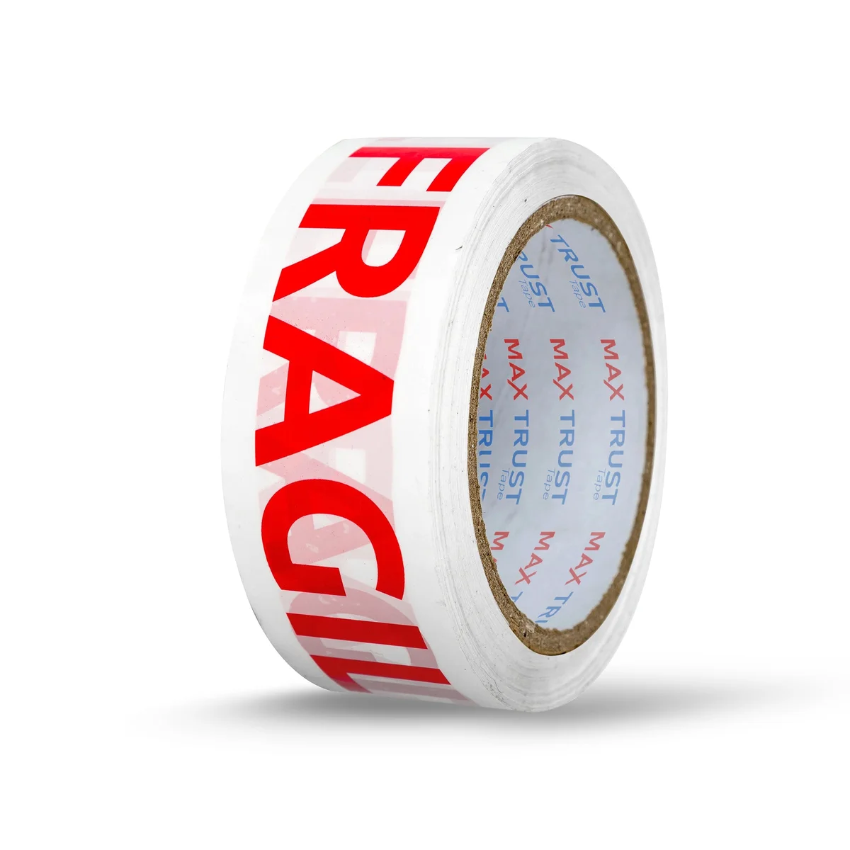 Roll of white and red fragile packaging tape with printed text, designed for secure sealing of cartons and boxes