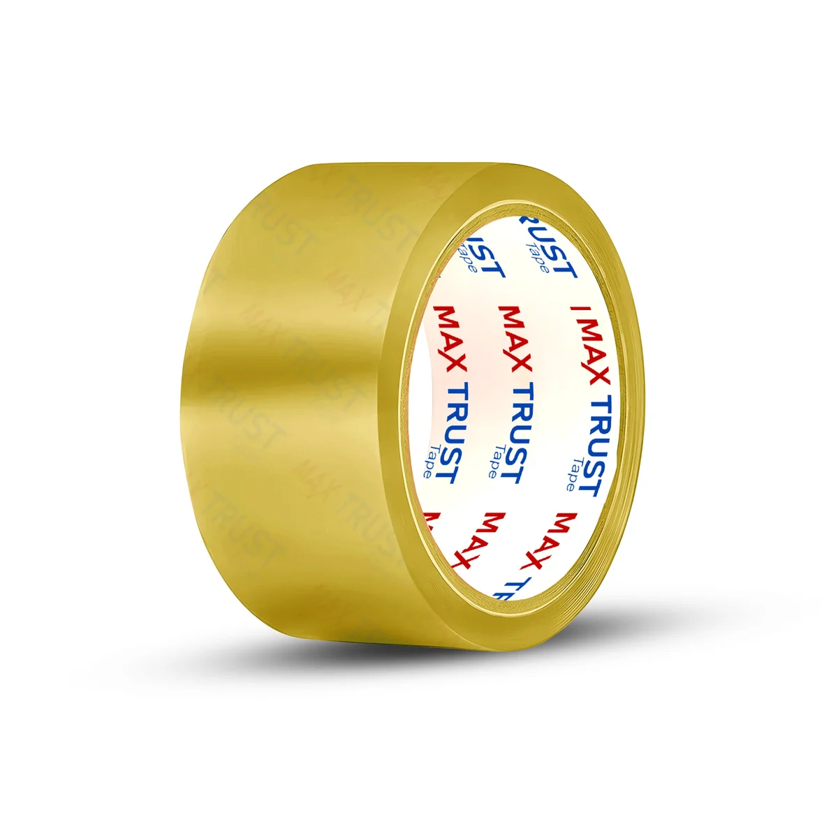 Roll of heavy duty transparent packing tape with clear label and exposed adhesive edge.