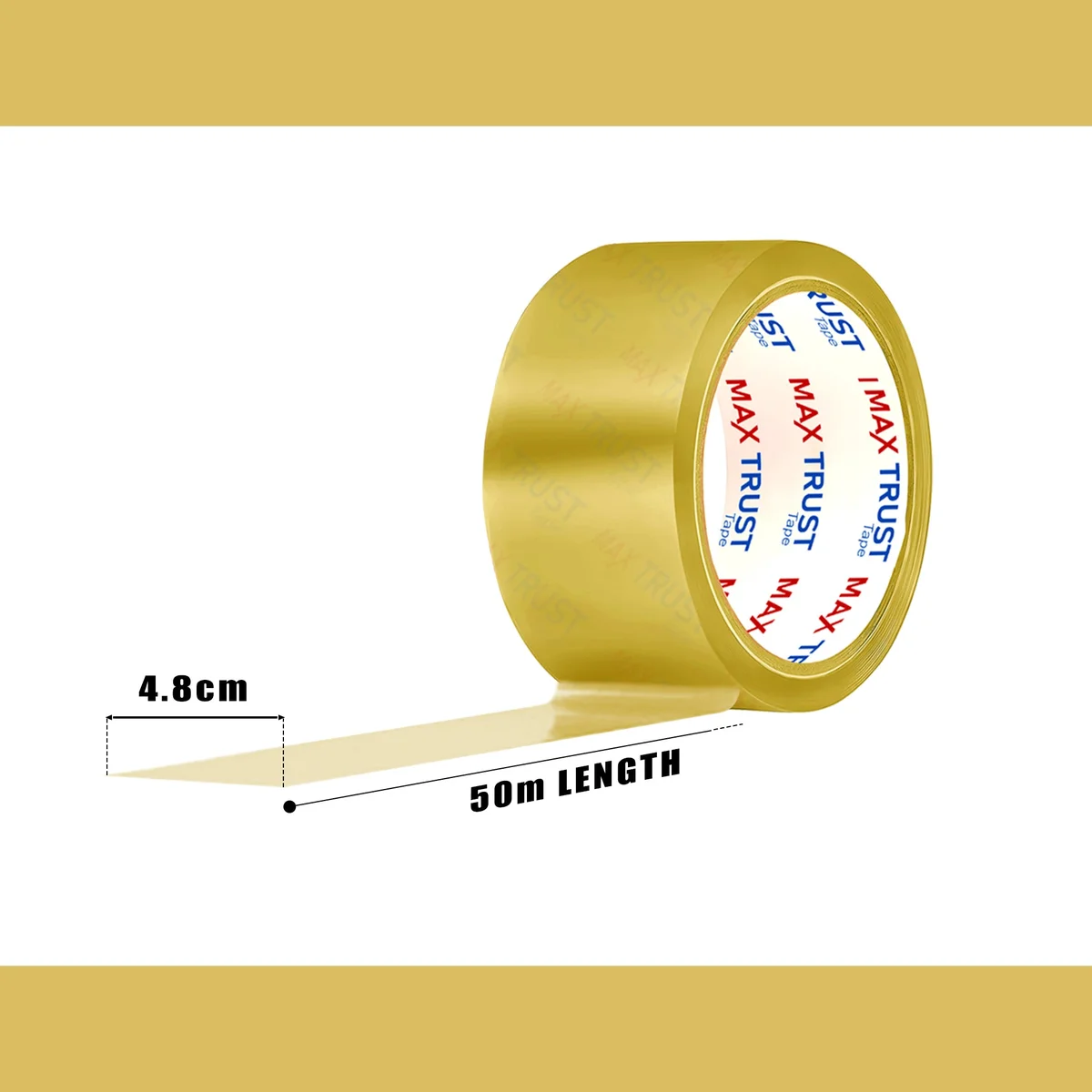 Clear BOPP packing tape roll with adhesive strip, in a thin paper sleeve, labeled heavy‑duty for packing and shipping.