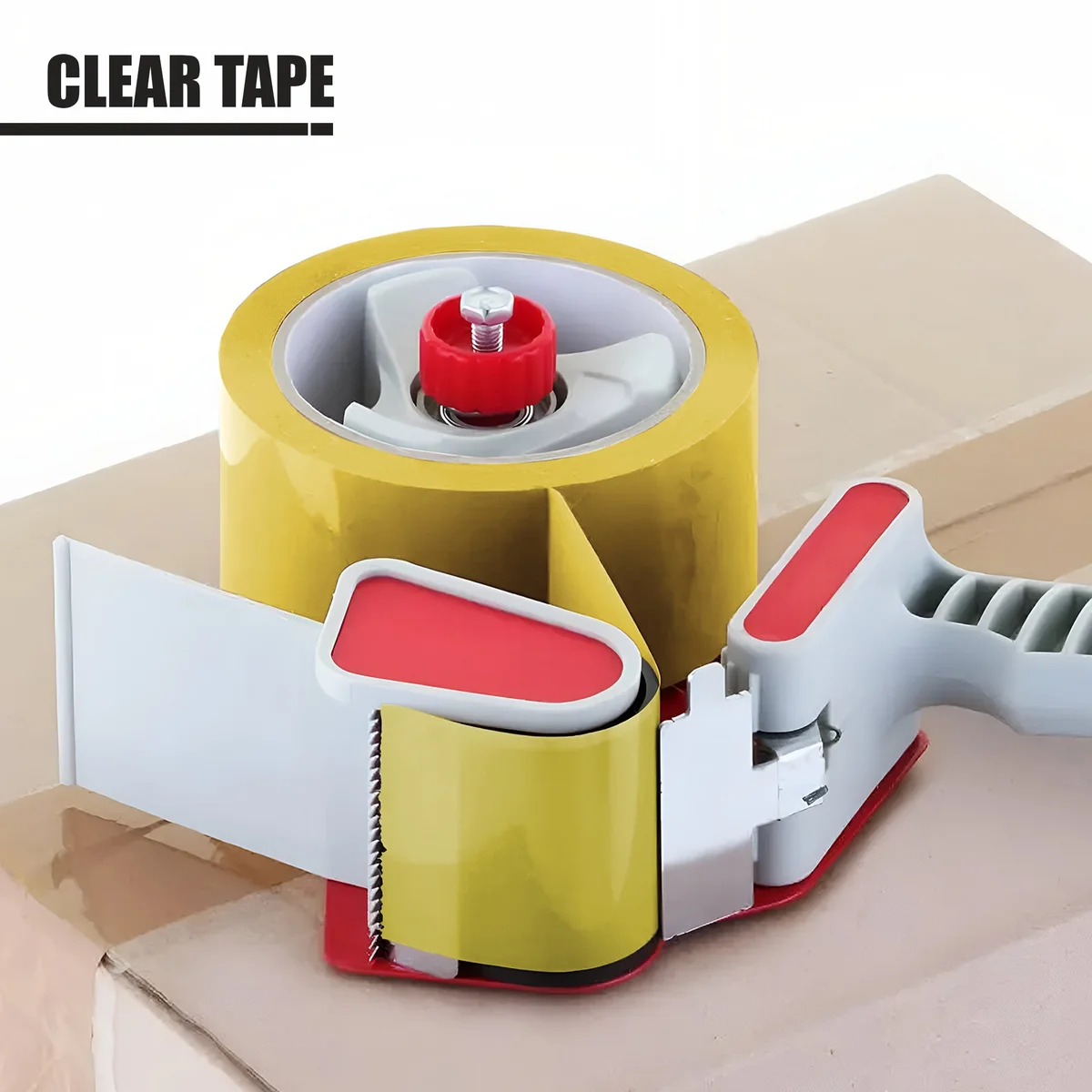 Clear packing tape roll on a white surface, transparent film visible and heavy-duty label displayed.