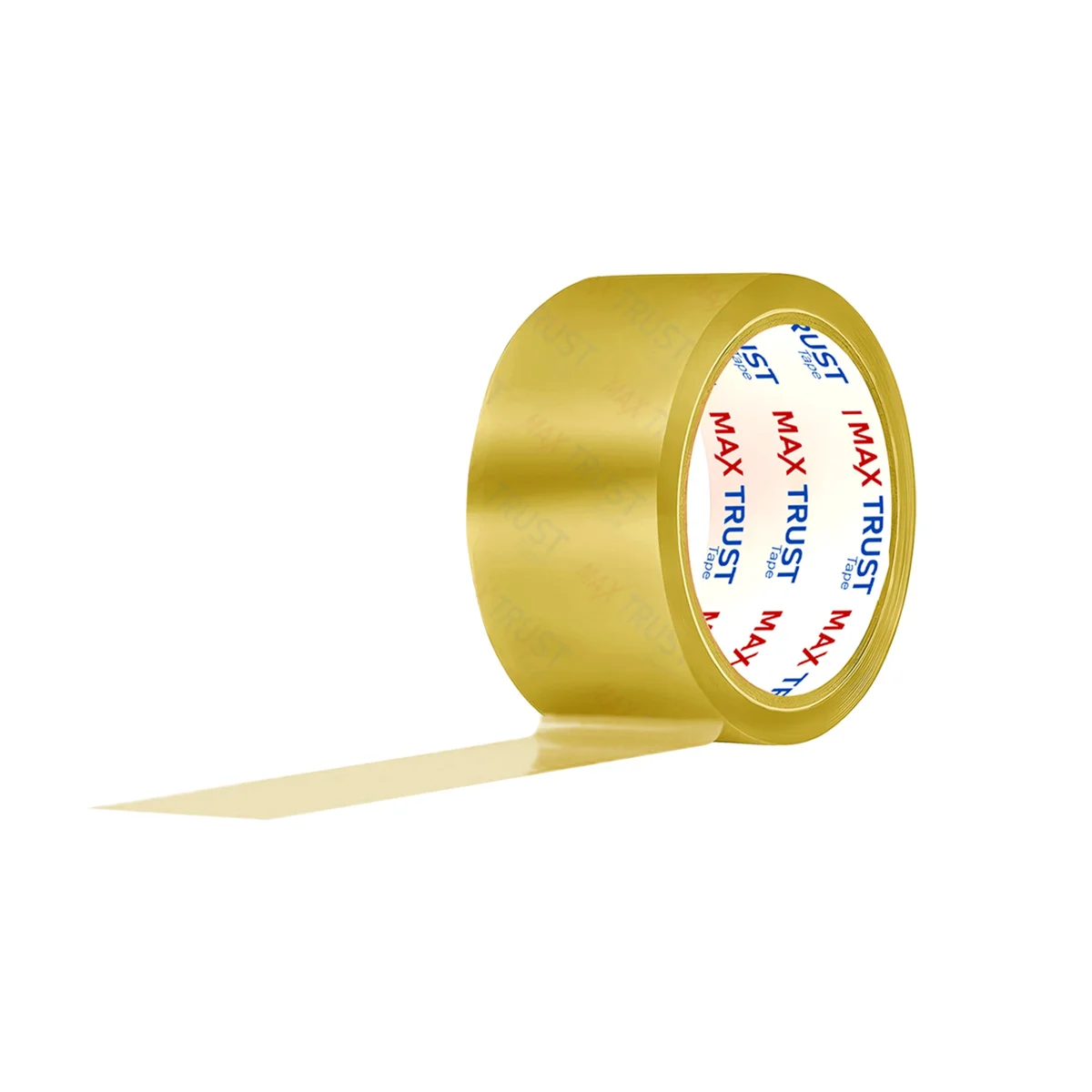 Clear packing tape roll for heavy duty use, displayed on a transparent reel with the adhesive side visible.