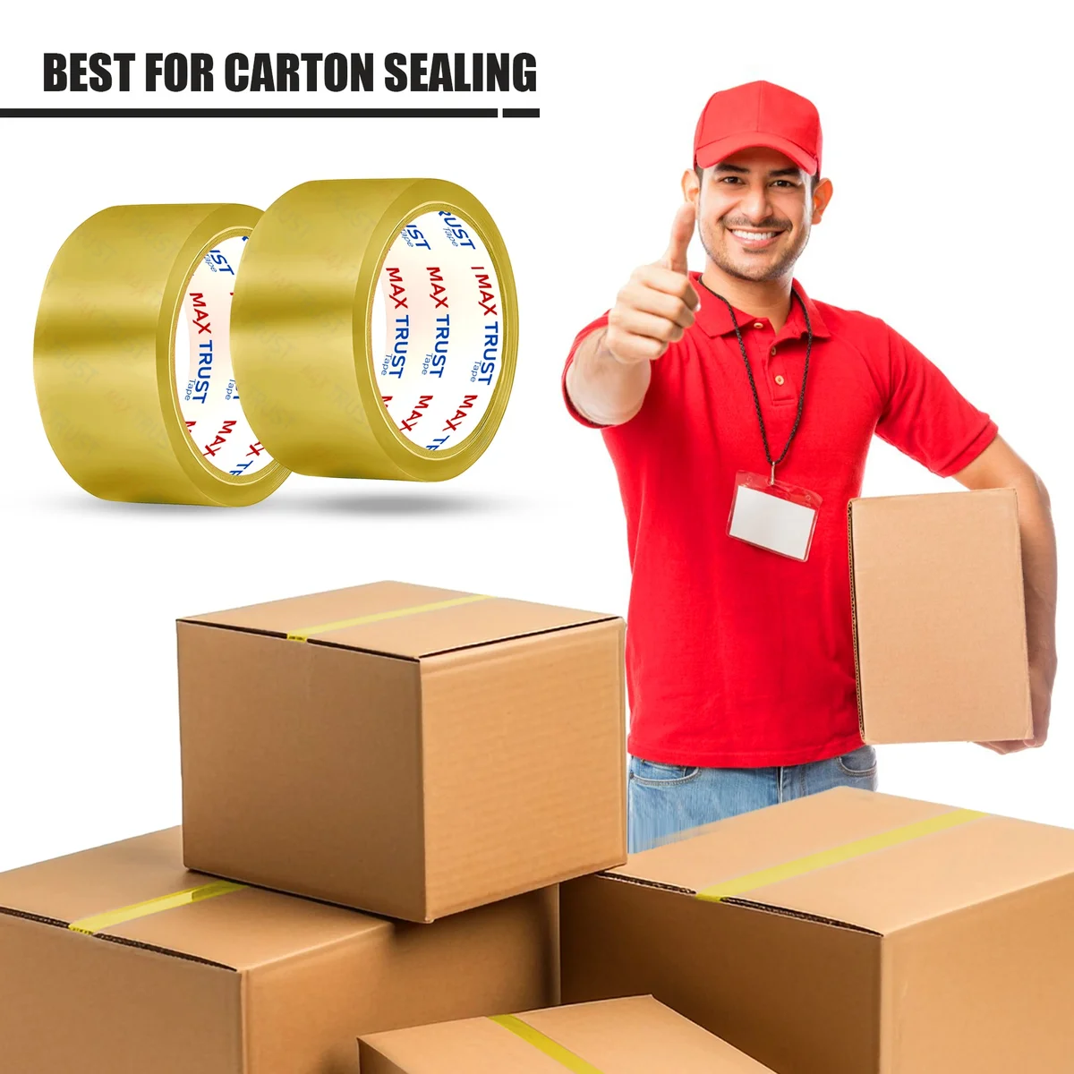 Clear packing tape roll, transparent film on metal spool, label visible, heavy‑duty adhesive tape