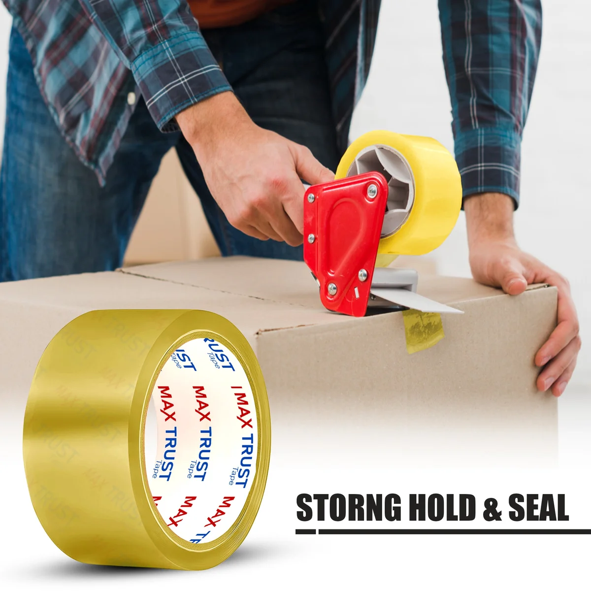 Roll of clear packing tape wrapped on plastic spool, adhesive film visible, packed in bright packaging box