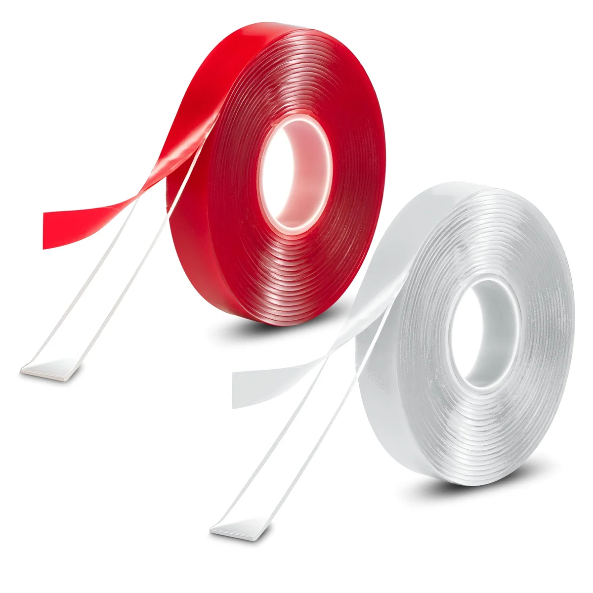 Two rolls of heavy duty mounting tape with transparent acrylic foam core on a white background