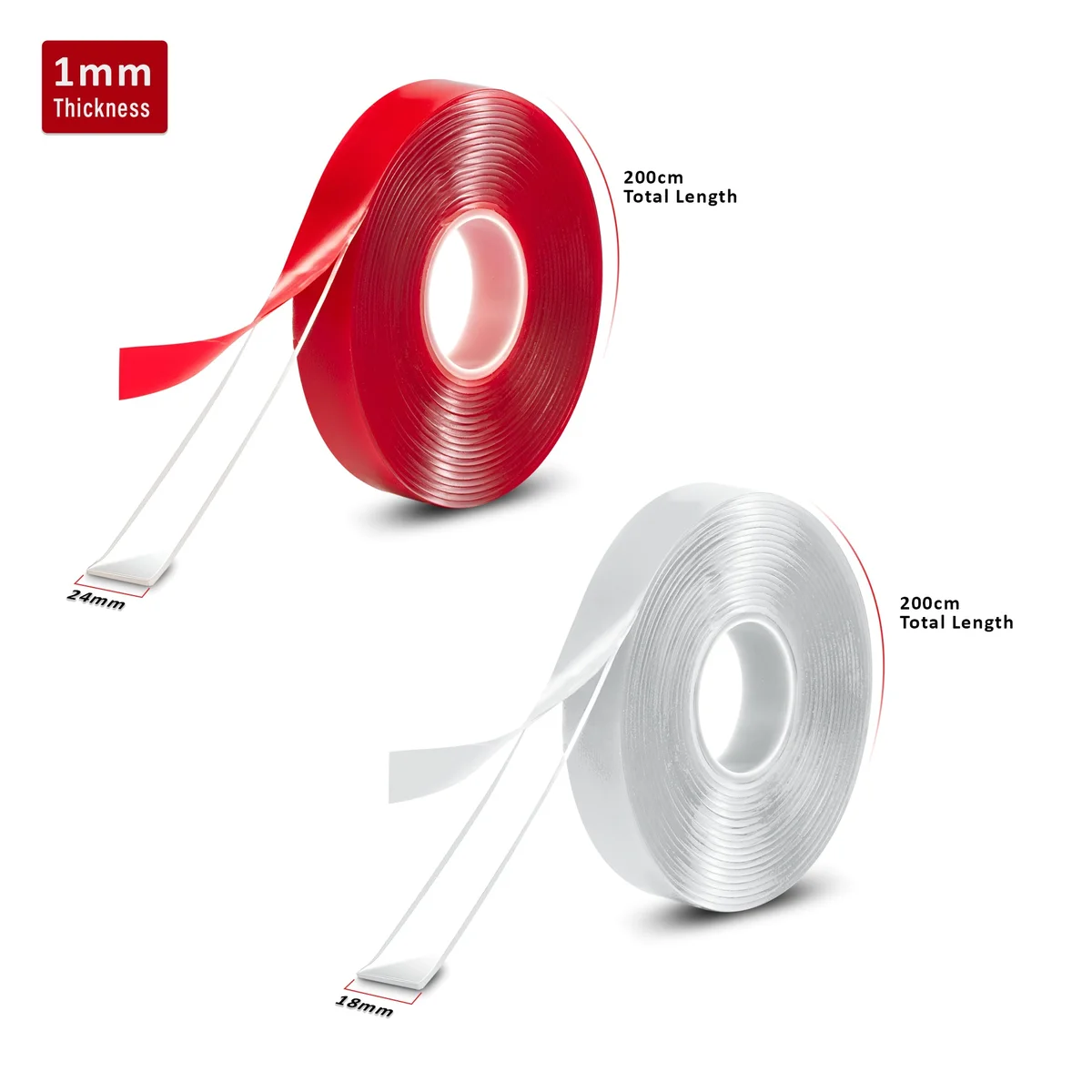 Two rolls of heavy duty clear double sided tape with transparent acrylic foam core on a white background