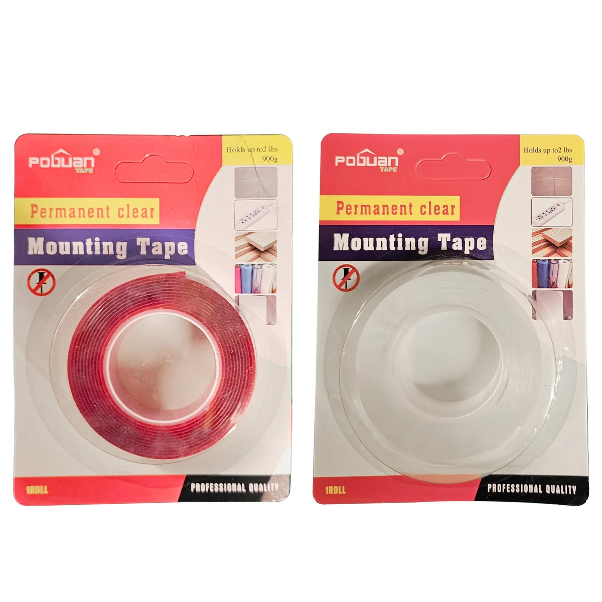 Two rolls of heavy duty mounting tape with clear acrylic foam core on a white background