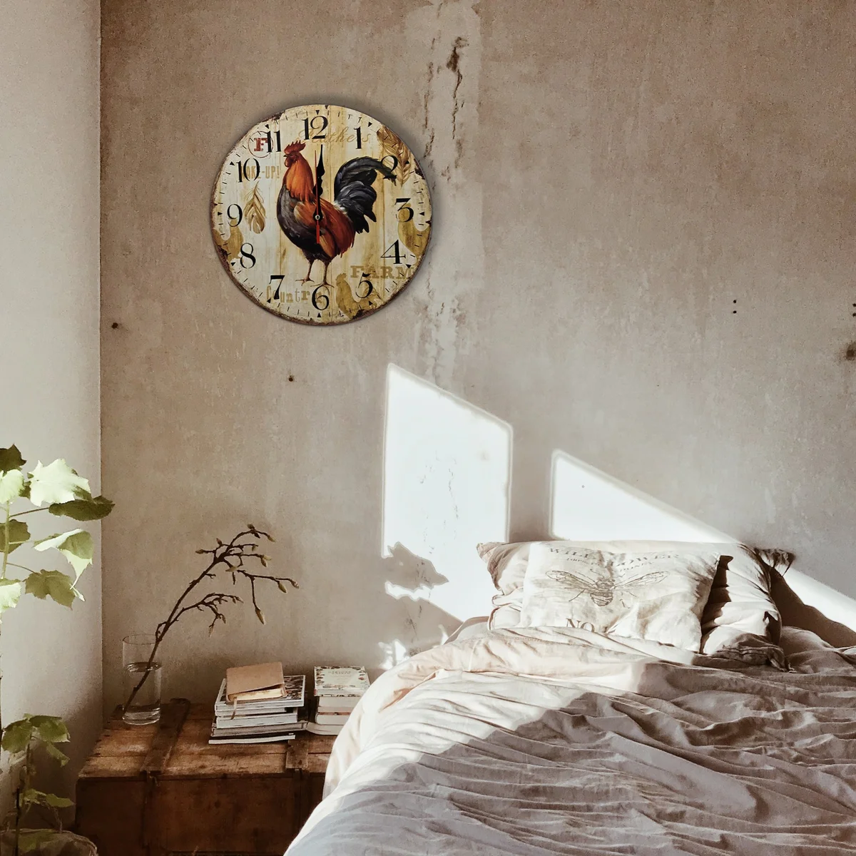 Retro wooden wall clock with large numerals and a vintage rooster design on a wooden frame with metal hands
