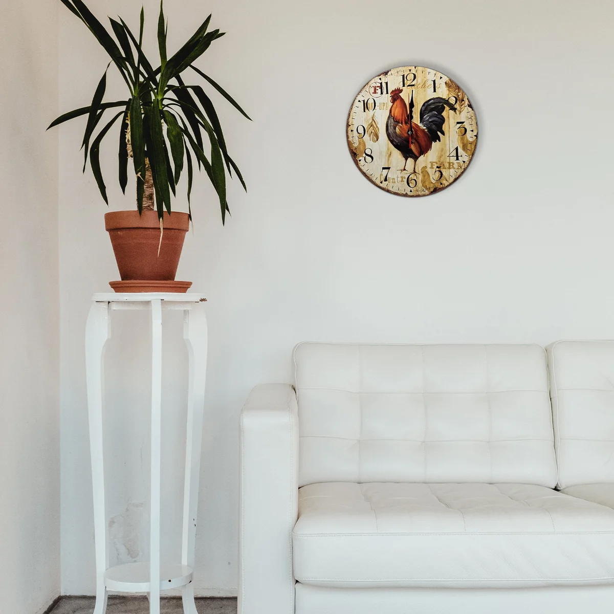Retro wooden wall clock with rooster design and large numerals clock face, metal hands, and vintage style finish