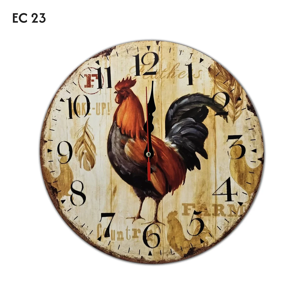Retro wooden rooster wall clock with large numerals, metal hands, and battery operated clock mechanism on white background