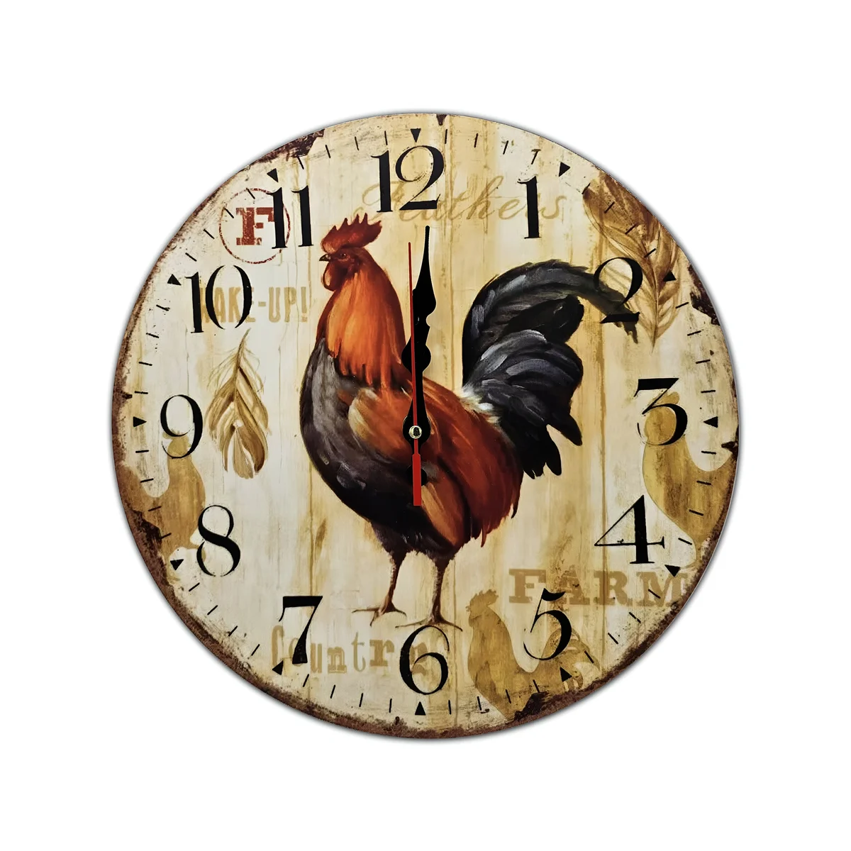 Large wooden rooster motif clock with metal hands and bold numerals on a vintage-style wall clock face