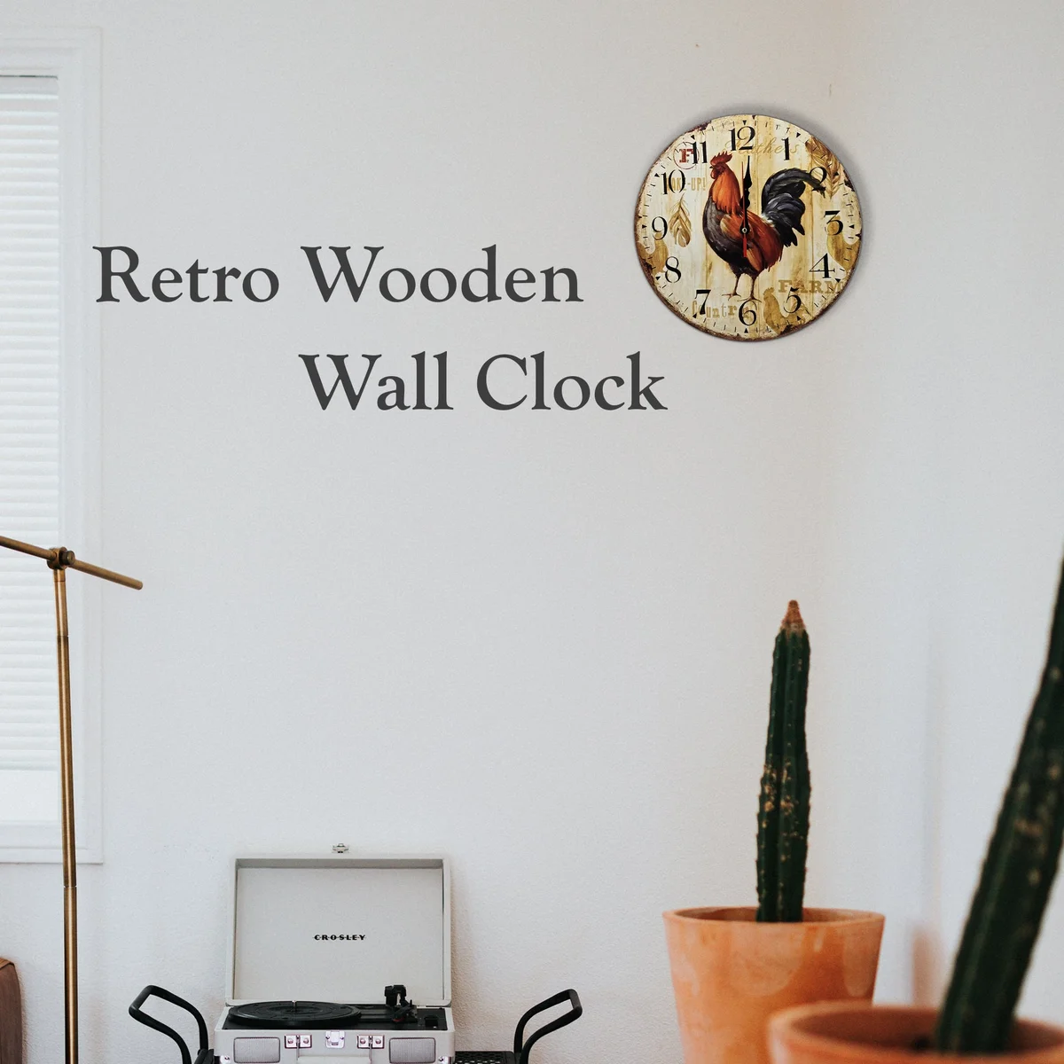 Large retro wooden kitchen clock with rooster design, wooden frame, metal hands, and big numerals on a white background