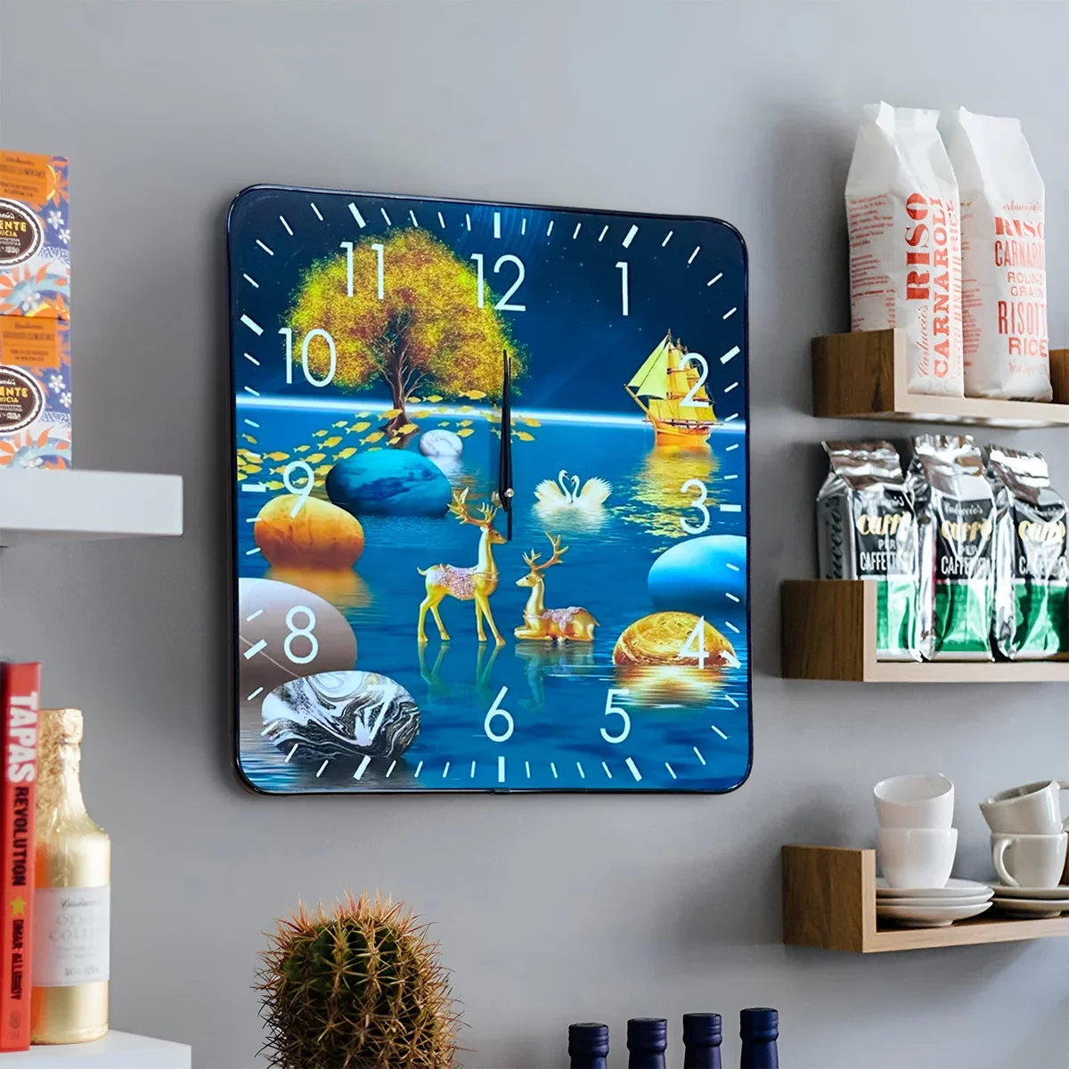 Vintage wall clock with scenic crystal porcelain design, large analog numbers, square shape, battery operated, 40 cm size