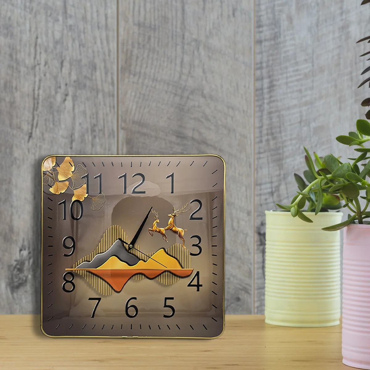 Square vintage scenery art battery operated clock with clear analog numbers on crystal porcelain face