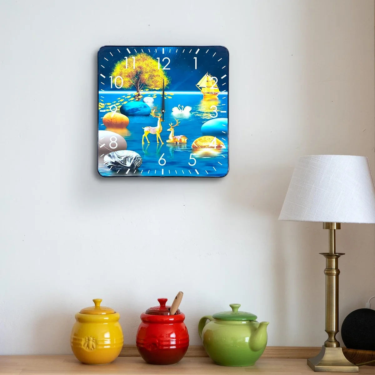Vintage scenery art analog wall clock with crystal porcelain design, large numbers, square shape, battery operated