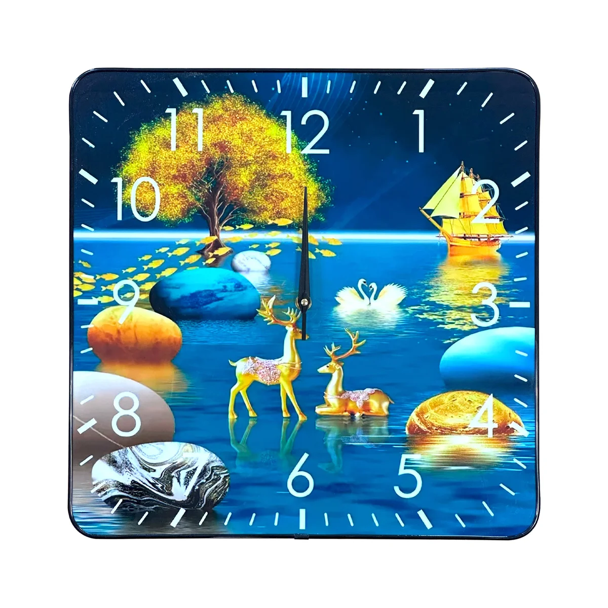 Square crystal porcelain clock with vintage scenery art, large analog numbers, and lightweight plastic frame on white background