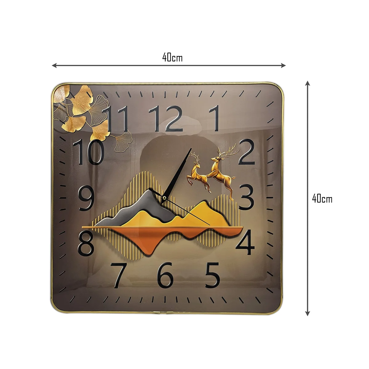 Vintage wall clock with crystal porcelain scenery art, large analog numbers, and square durable plastic frame on white background
