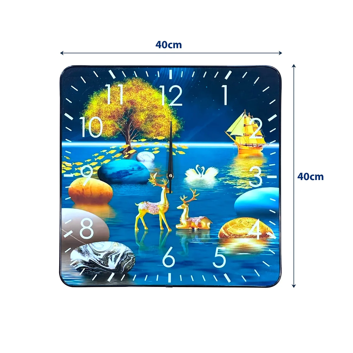 Square vintage wall clock with crystal porcelain scenery art, large analog numbers on a white background, battery operated