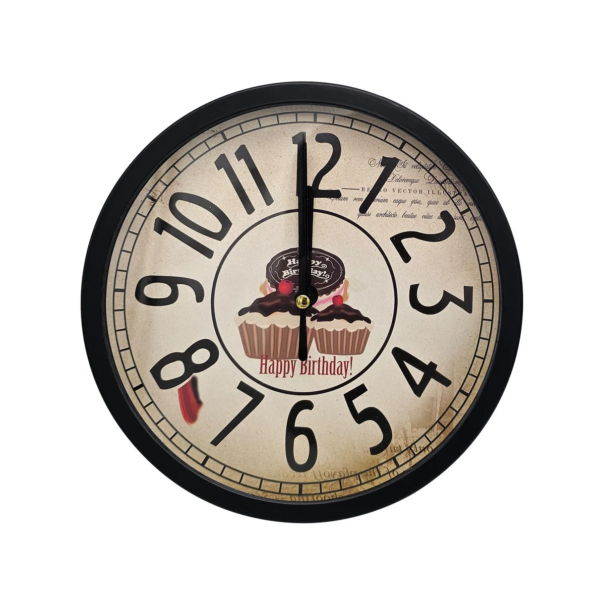 Vintage-style indoor decorative clock with cartoon design, round metal frame, and clear analog display on white background