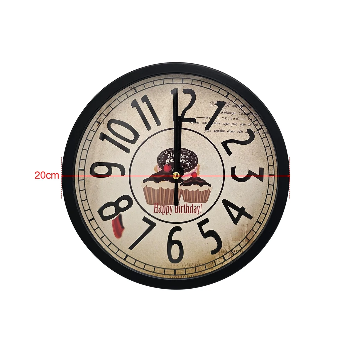 Vintage-style kids wall clock with playful cartoon design, round metal frame, and clear analog display on white background