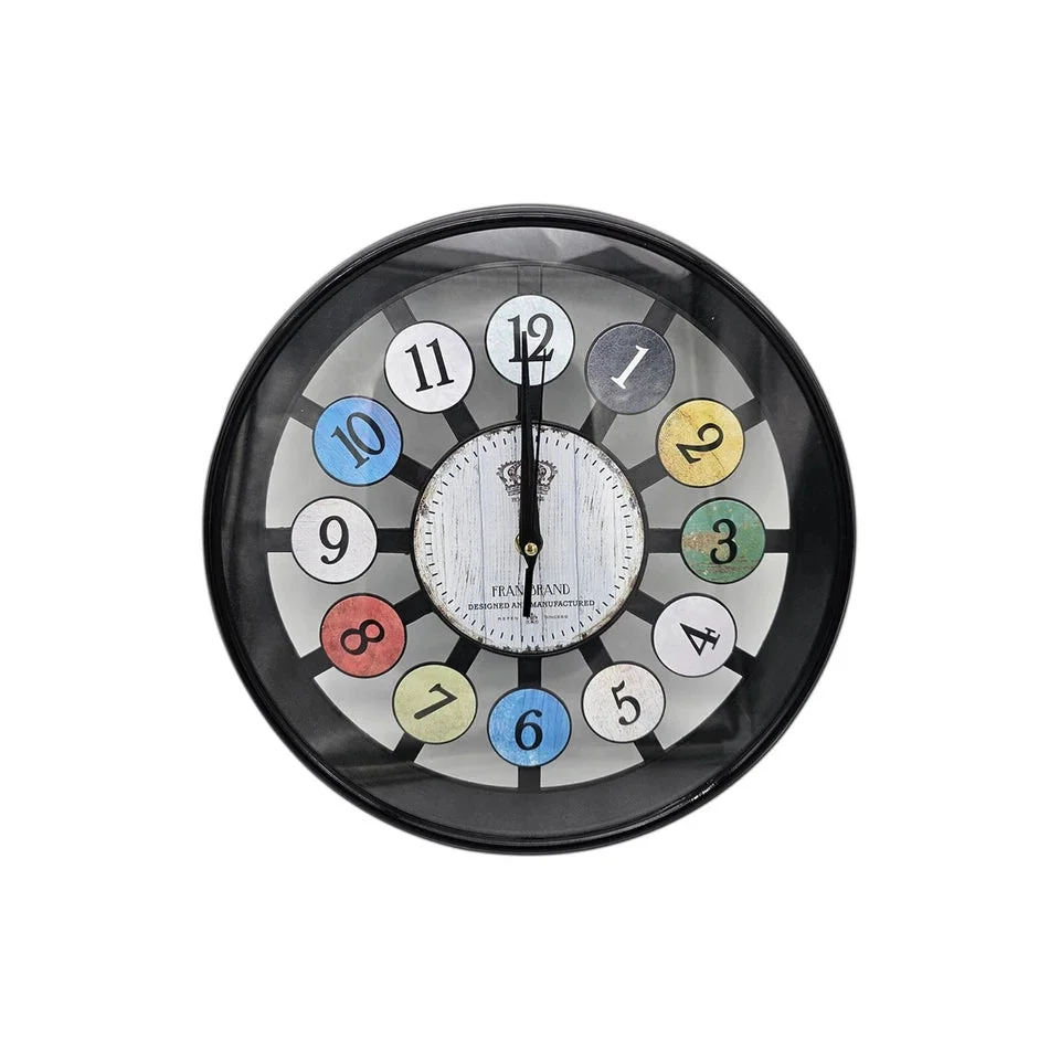 Retro glass wall clock with colorful numbers, round tempered glass face, slim black frame, 30cm diameter.