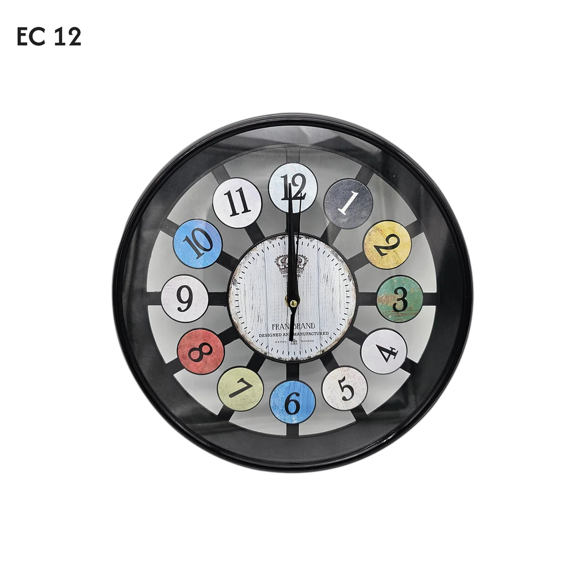 Round retro colourful number clock with vibrant multi-coloured numerals on a tempered glass face, 30cm diameter