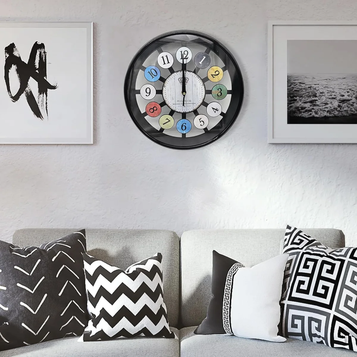 Round retro tempered glass clock with colourful numbers on a sleek 30cm diameter face and slim plastic frame