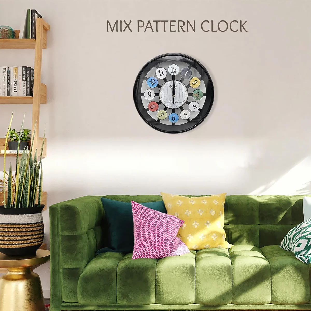 Retro round glass wall clock with colourful numbers and slim frame, silent quartz wall clock for indoor use
