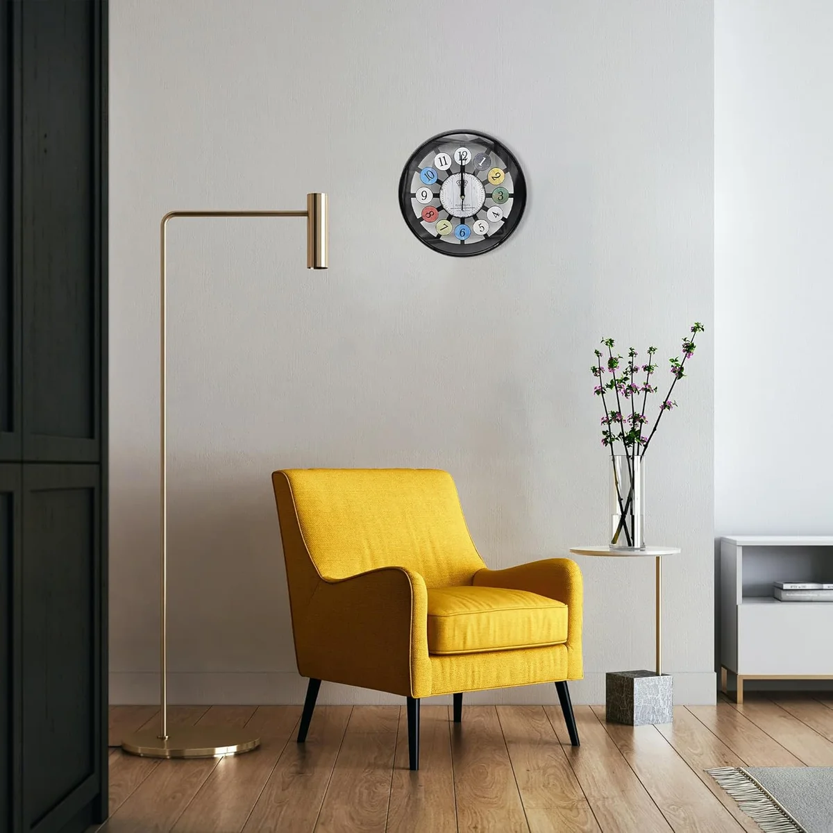 Round indoor decorative clock with vibrant multi-coloured numbers on a sleek tempered glass face, 30cm diameter.