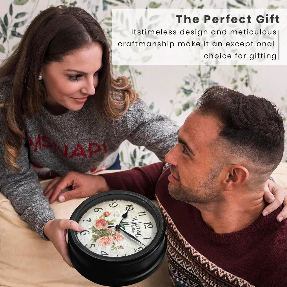Retro glass wall clock with multicoloured numbers, round tempered glass face, slim black frame, 30cm diameter, indoor use