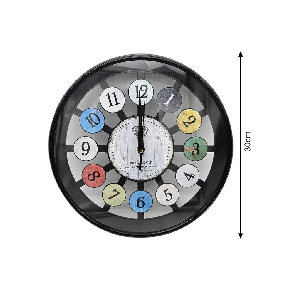 Retro glass wall clock with vibrant multicoloured numbers on a sleek 30cm tempered glass face and slim round frame