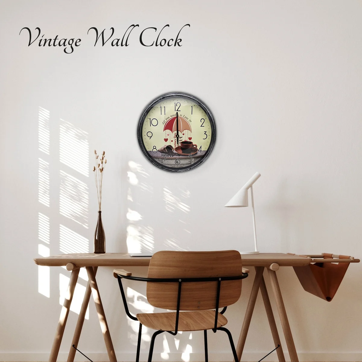 Round vintage patchwork clock with colourful shabby chic wooden frame and metal hands on white background