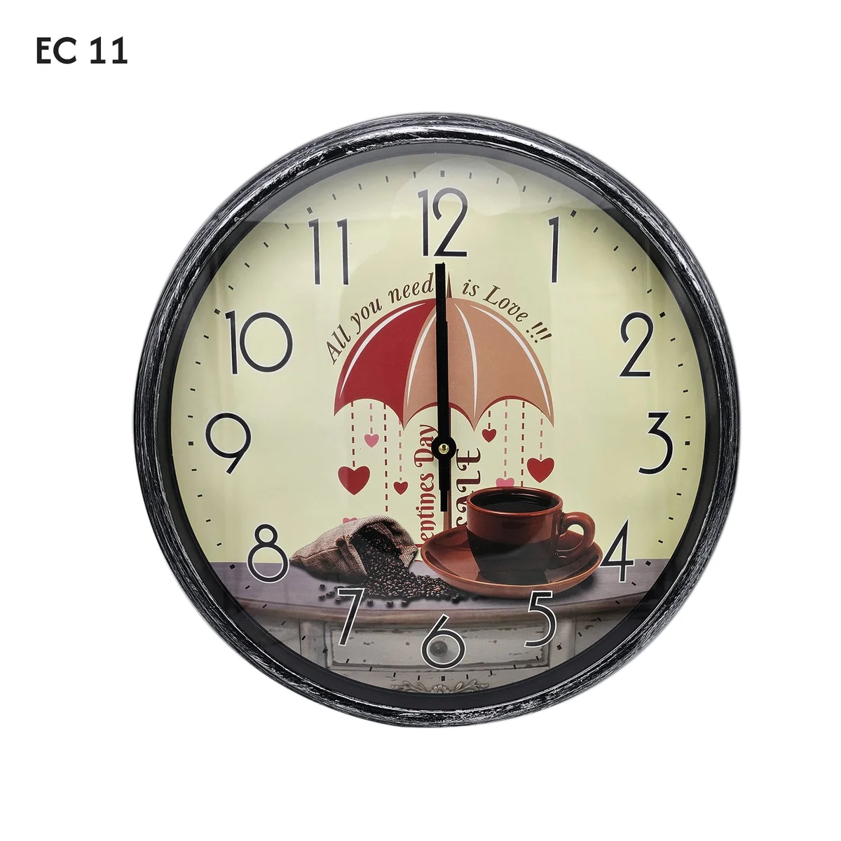 Shabby chic wooden frame clock with colorful patchwork design and metal hands on a white background