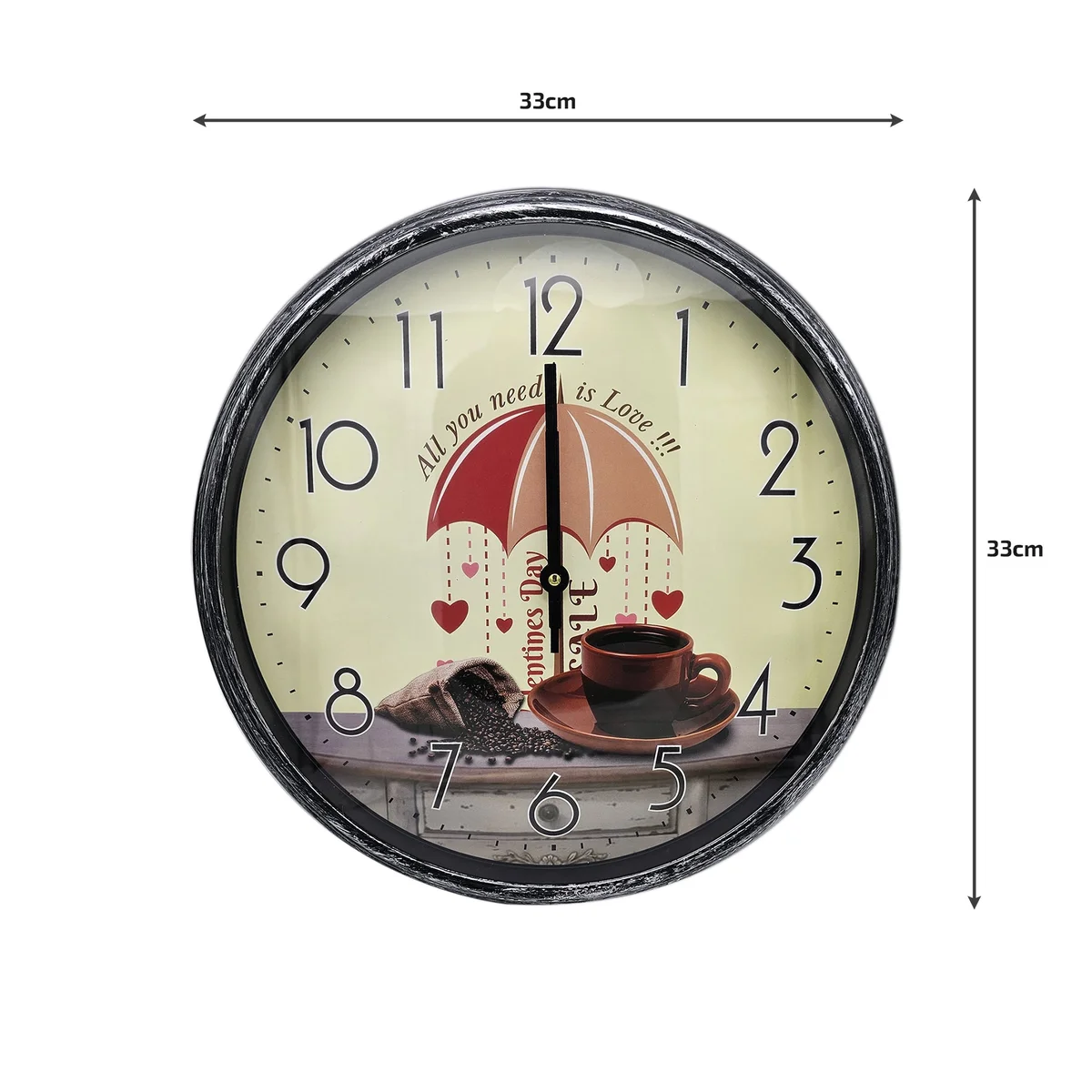 Round shabby chic wall clock with colourful patchwork design, wooden frame, and metal hands on white background