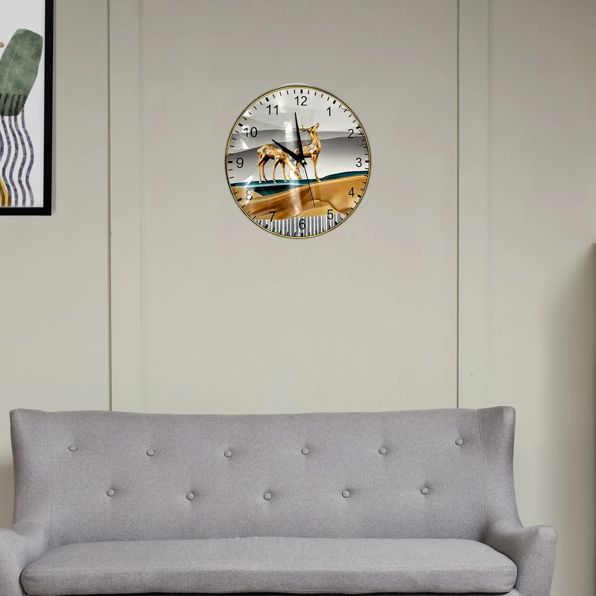 Round painted wall clock with vintage shabby chic design, wooden frame, metal hands, and colourful patterns on face