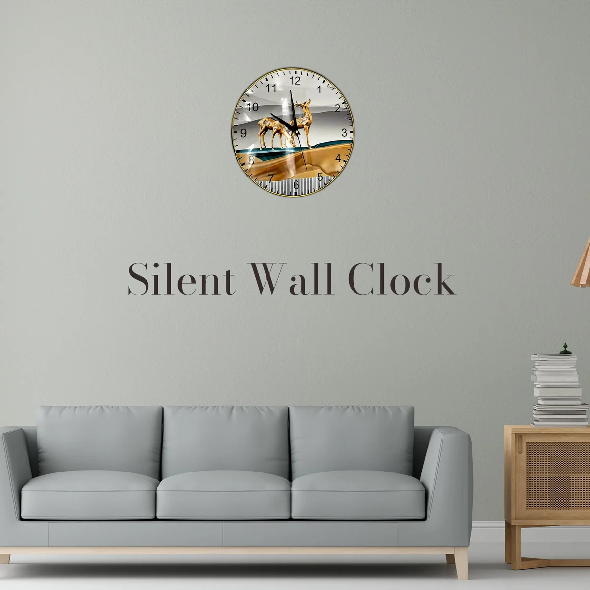 Vintage shabby chic round wall clock with painted multicolour design, wooden frame, and metal hands on white background