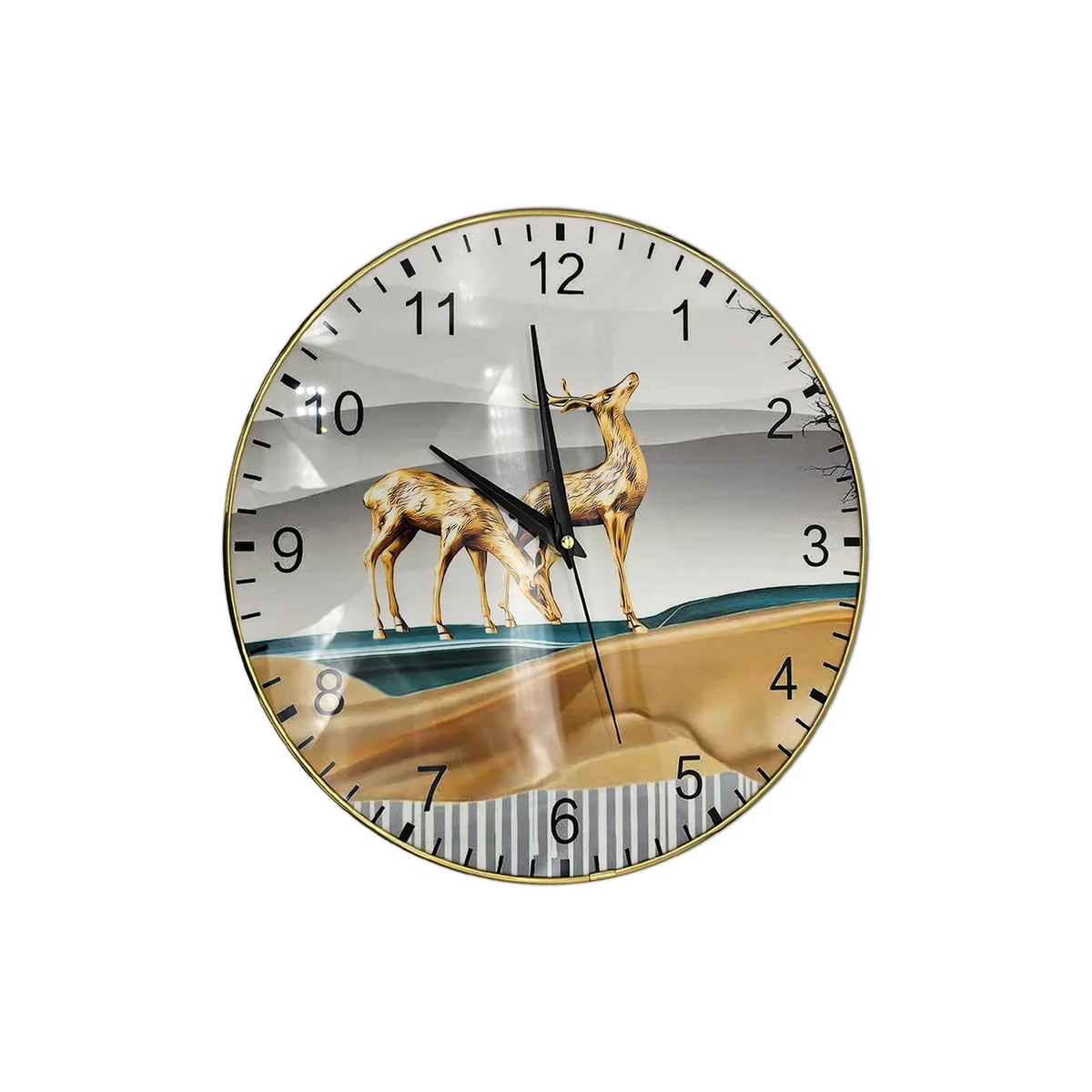 Round wooden wall clock with painted vintage shabby chic design, metal hands, and easy-to-read analog display
