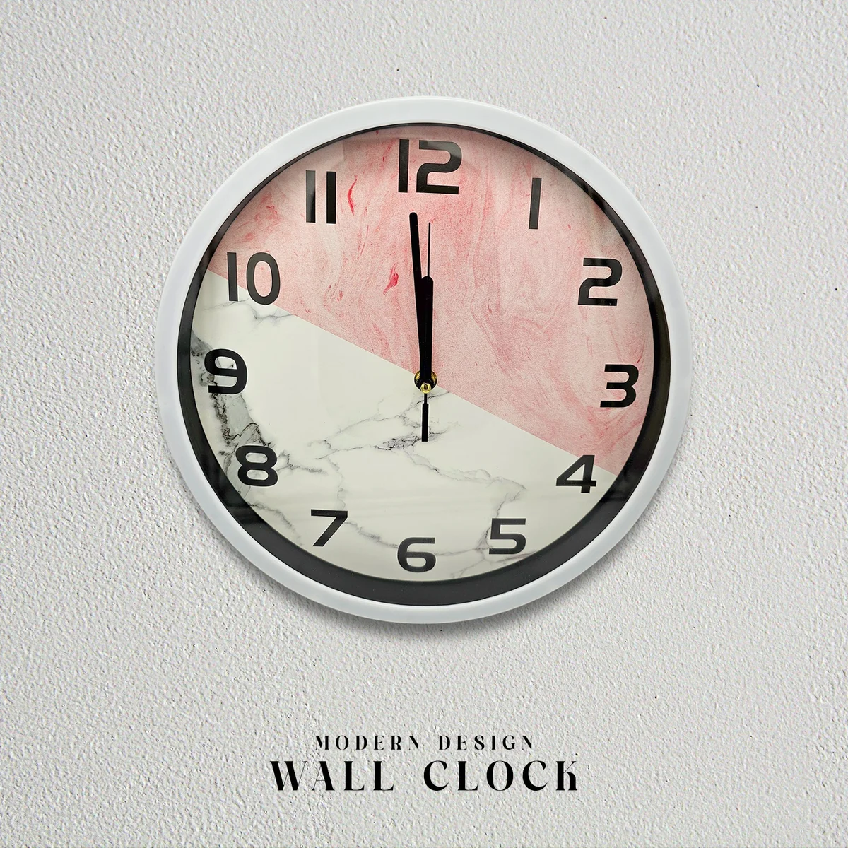 Round metal wall clock with vintage modern design, black frame, white face, and easy-to-read analog numbers on a white background
