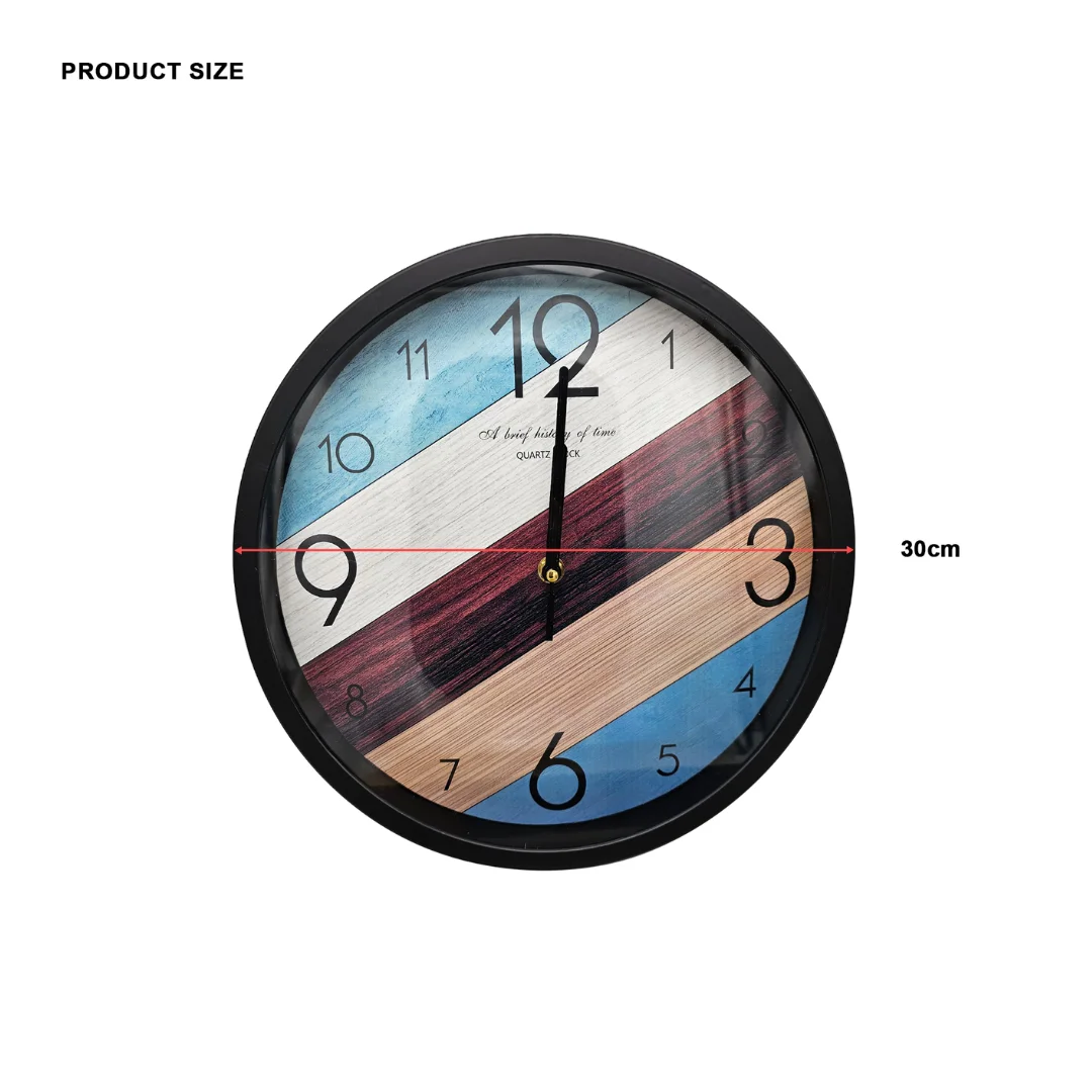 Colourful 30 cm quartz wall clock with round metal frame, clear numbers, and tempered glass face on white background