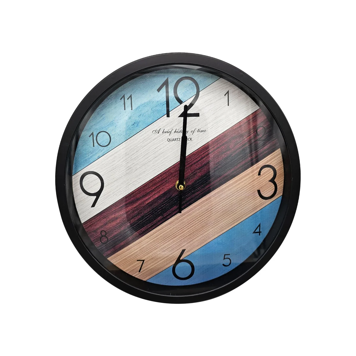 Round colourful plastic clock with glass face, vintage style, black numbers and hands on white background, 30 cm diameter