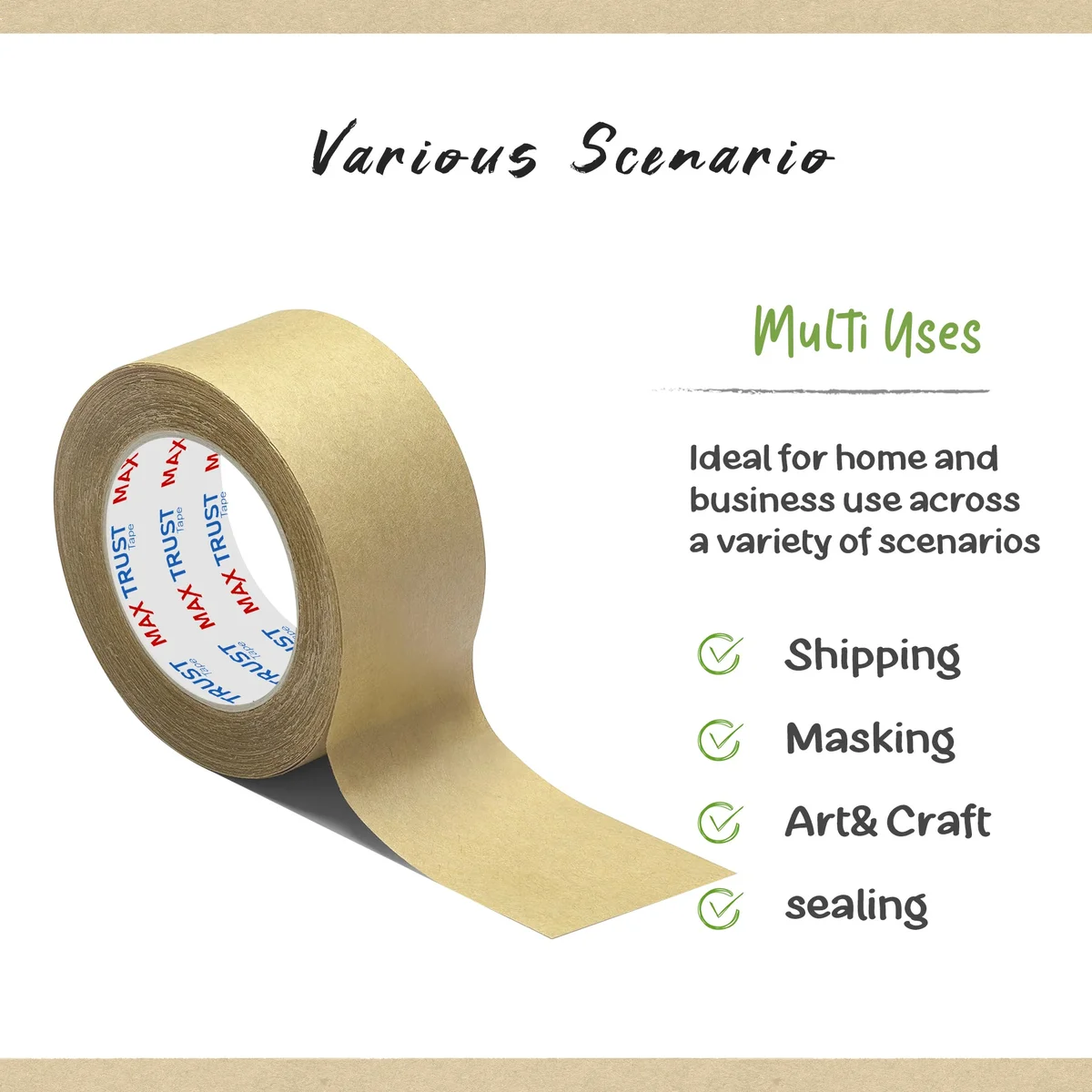 Roll of brown self-adhesive eco friendly packing tape made from kraft paper, 50m long and 4.8cm wide