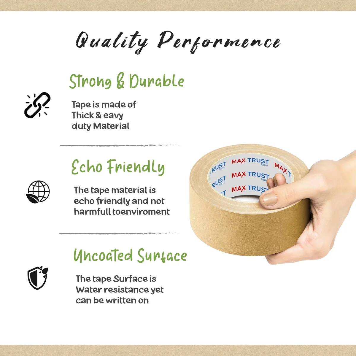 Roll of brown strong adhesive paper tape made from eco-friendly kraft paper, 50m long and 4.8cm wide