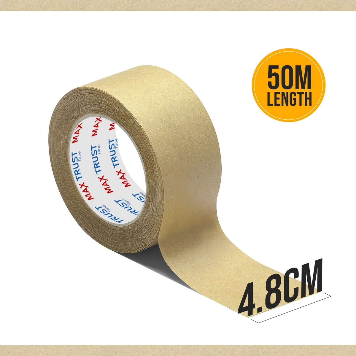 Roll of brown kraft tape unrolled on white surface showing smooth writable surface and natural paper texture