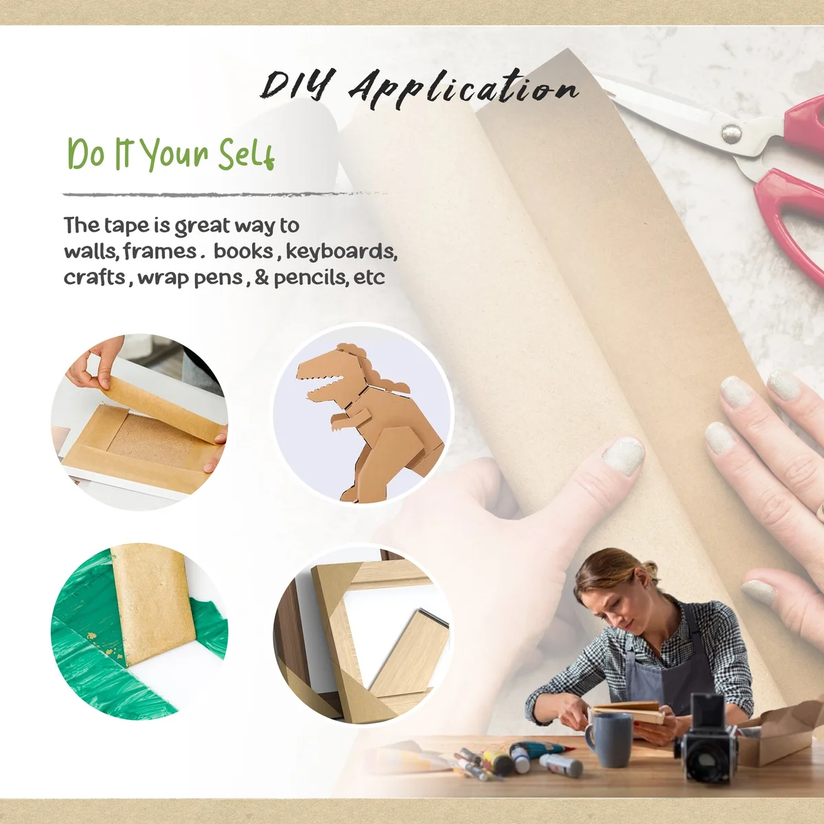Roll of brown self adhesive packing tape made from eco-friendly kraft paper with smooth writable surface on white background