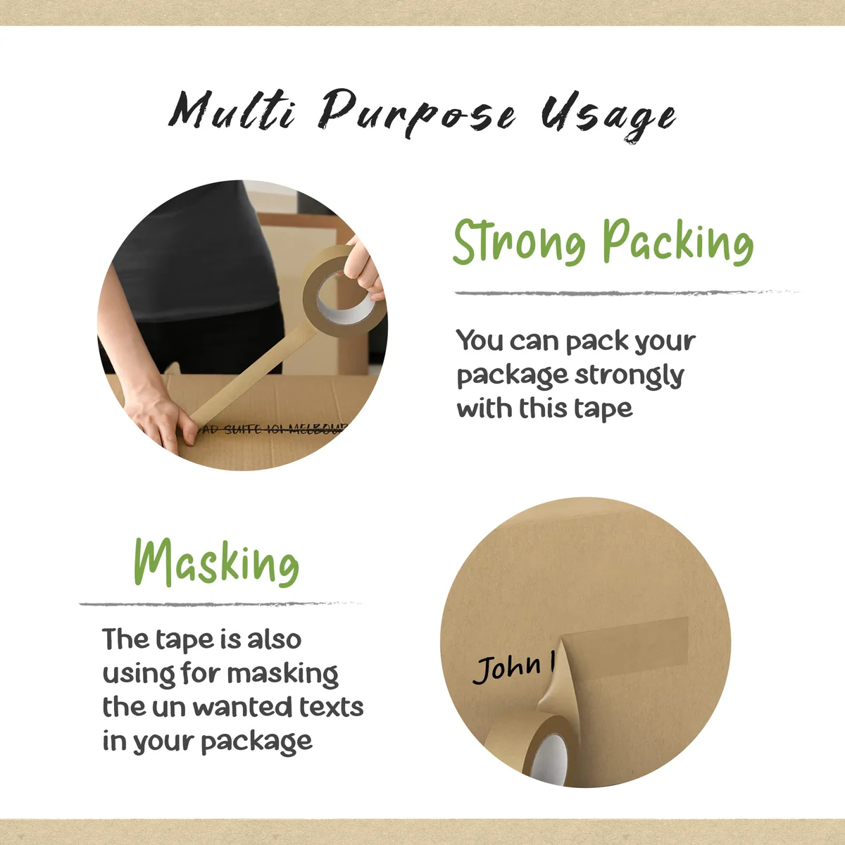 Roll of brown kraft paper packing tape with smooth surface and self-adhesive backing for strong sealing and easy writing