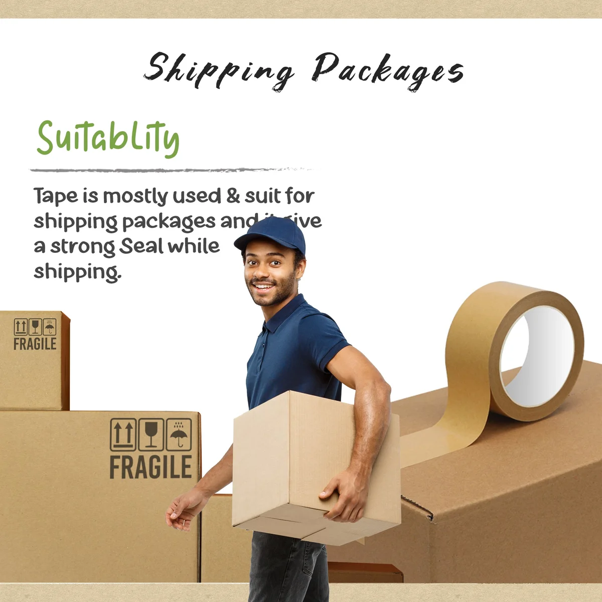 Roll of brown kraft paper packing tape with smooth surface and visible texture on a white background