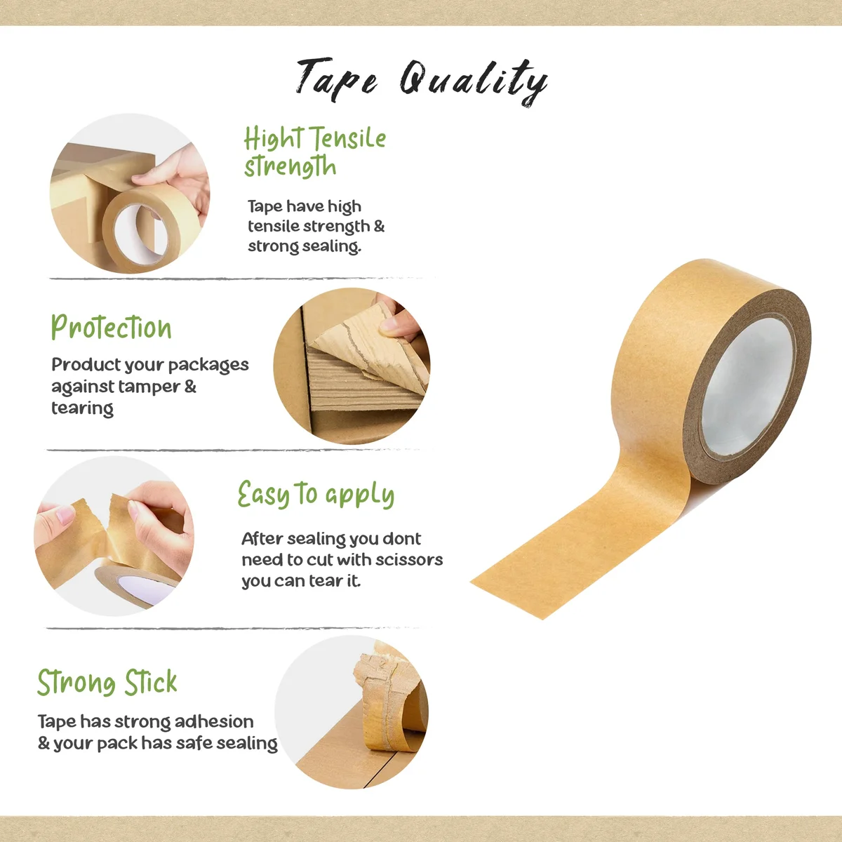 Roll of brown kraft paper packing tape with smooth surface, 4.8 cm wide, ideal for eco-friendly sealing and packaging tasks